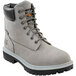 A pair of Timberland grey leather steel toe boots with black soles.