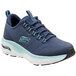 A close up of a navy and aqua Skechers Work Christina women's athletic shoe.