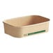 A brown rectangular paper take-out container with a green bio-lined label.