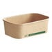 A brown rectangular paper take-out container with green text.