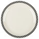 A creamy white China plate with black and white checkered trim.