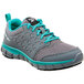 A close up of a Reebok Work women's gray and turquoise sneaker.
