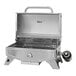 A stainless steel Pit Boss gas table top grill with a handle.