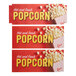 Three white popcorn boxes with red and black text that says "hot and fresh popcorn" above a red sign with the word "popcorn" in white.