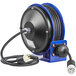 A blue and black Coxreels PC10 Series compact power cord reel with a power cord.