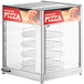 A ServIt countertop display warmer with pizza on shelves behind a glass window.