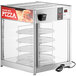 A metal countertop display warmer with a glass door and rotating racks holding churros.