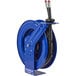 A blue Coxreels MPD Series hydraulic hose reel with black hoses and two red handles.