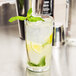 A Libbey Collins glass of lemonade with ice, lime slices, and mint leaves.