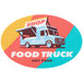 A white vinyl floor decal with a blue and white oval food truck logo.