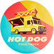 A white round sticker with a food truck and hot dog logo.