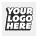 A white square vinyl sticker with a black and white logo that says "Your Logo Here"