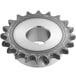 A silver metal sprocket gear with a hole in the middle.