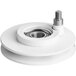 A white plastic pulley with a round center and metal nut.