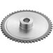 A silver sprocket gear with a hole on a white background.