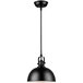 A black pendant light with a white shade over a restaurant table.