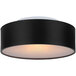 A black semi-flush mount light fixture with a white frosted glass shade.
