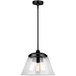 A matte black Canarm pendant light with clear glass shades hanging in a restaurant dining area.