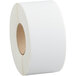 A roll of white paper labels on a white background.