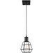 A black Canarm pendant light with a cage and a light bulb hanging from a black wire.