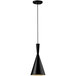 A black pendant light with a metal cone hanging in a restaurant dining area.