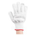 A hand wearing a white Victorinox cut resistant glove with red trim.