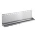 A silver stainless steel shelf with holes in it.
