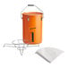 An orange utility pail with a wire filter holder and filter cones inside.