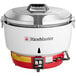 A white and red Town propane gas rice cooker with lid.