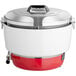 A white and red Town propane gas rice cooker with a lid.