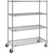 A gray Metro mobile wire shelving unit with four shelves and wheels.