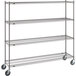 A gray Metro Super Erecta metal wire shelving unit with wheels.