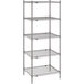 A gray Metro wire shelving unit with four shelves.
