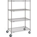 A gray Metro Super Erecta wire shelving unit with wheels.