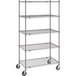 A gray Metro mobile wire shelving unit with four shelves and wheels.
