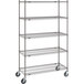 A gray Metro mobile wire shelving unit with wheels.