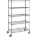 A gray Metro wire shelving unit with wheels.