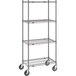 A Metro Super Erecta metal wire shelving unit with wheels.
