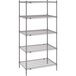 A Metro gray wire shelving unit with four shelves.