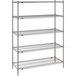 A gray Metro Super Erecta stationary wire shelving unit with four shelves.