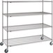 A gray Metro wire shelving unit with wheels.