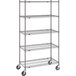 A gray Metro Super Erecta mobile wire shelving unit with four shelves and wheels.