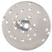 A white circular metal Robot Coupe grating/shredding disc with holes in it.