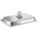 A silver rectangular chafer cover with a classic handle.