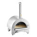 A stainless steel Backyard Pro outdoor countertop pizza oven with wood and propane burners.