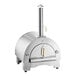 A stainless steel Backyard Pro wood-fired pizza oven with a tall chimney.