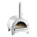 A stainless steel Backyard Pro wood-fired pizza oven with a pizza on top.