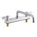 A silver Regency deck-mounted faucet with two handles and a 12" swing spout.
