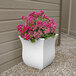 A white Mayne Valencia planter with pink flowers.