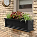 A Mayne Cape Cod black window box on a brick wall with different plants inside.